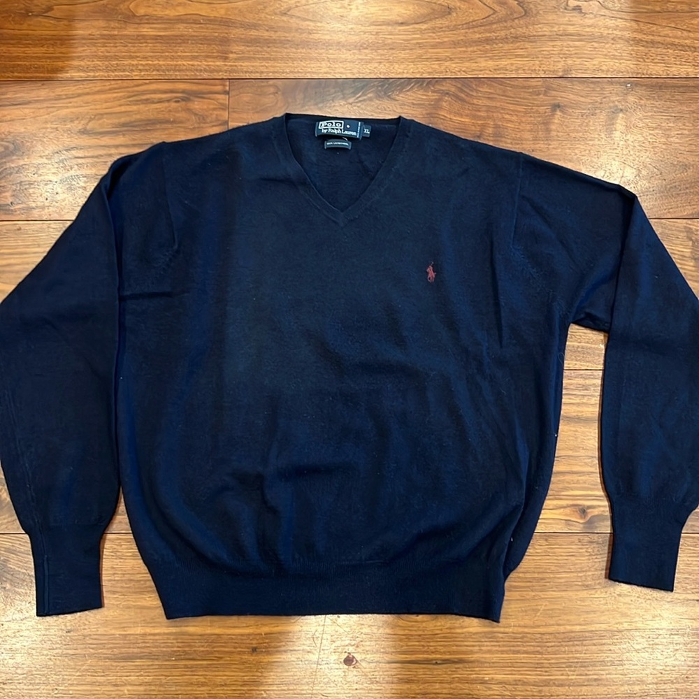 Polo navy blue v-neck lambswool pullover. Almost new!